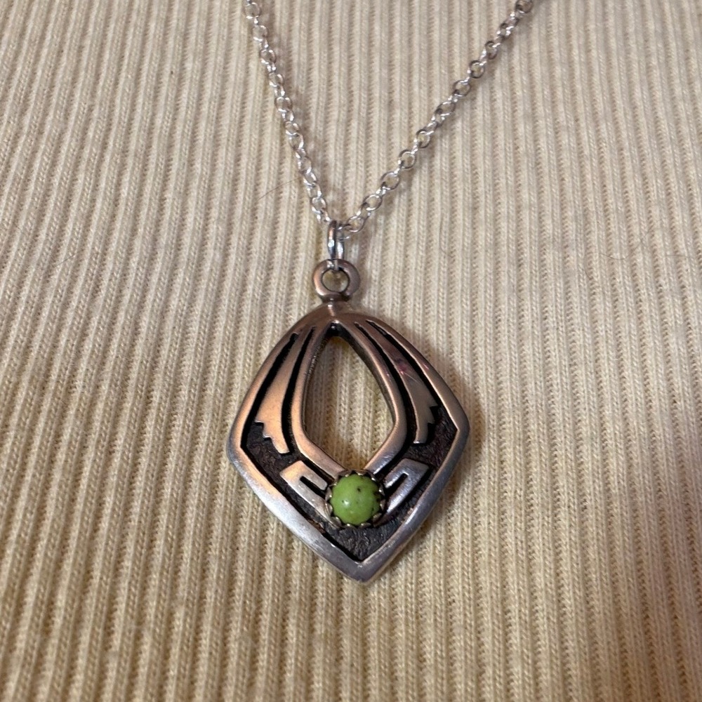 Vintage Sterling Silver Green Gaspeite Turquoise Geometric Cutout Necklace